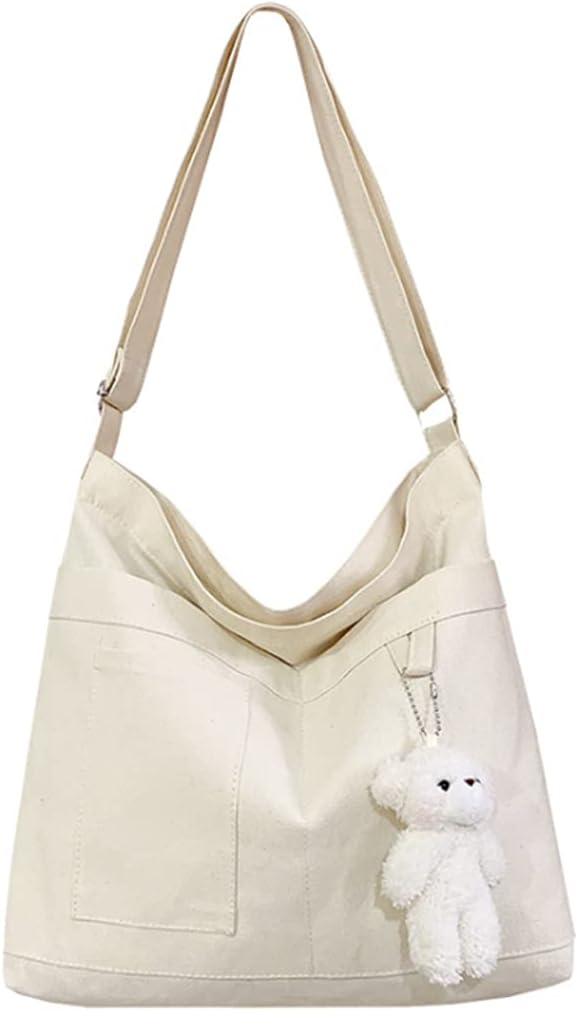 Woventote Cotton Canvas Crossbody Beach Tote Bag with 3 External Pockets Zipper Closure