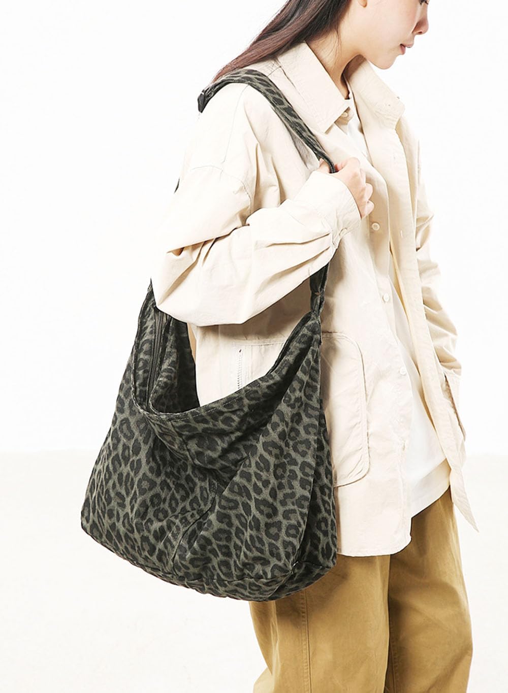 Woventote Cotton Canvas Crossbody Beach Tote Bag with 3 External Pockets Zipper Closure