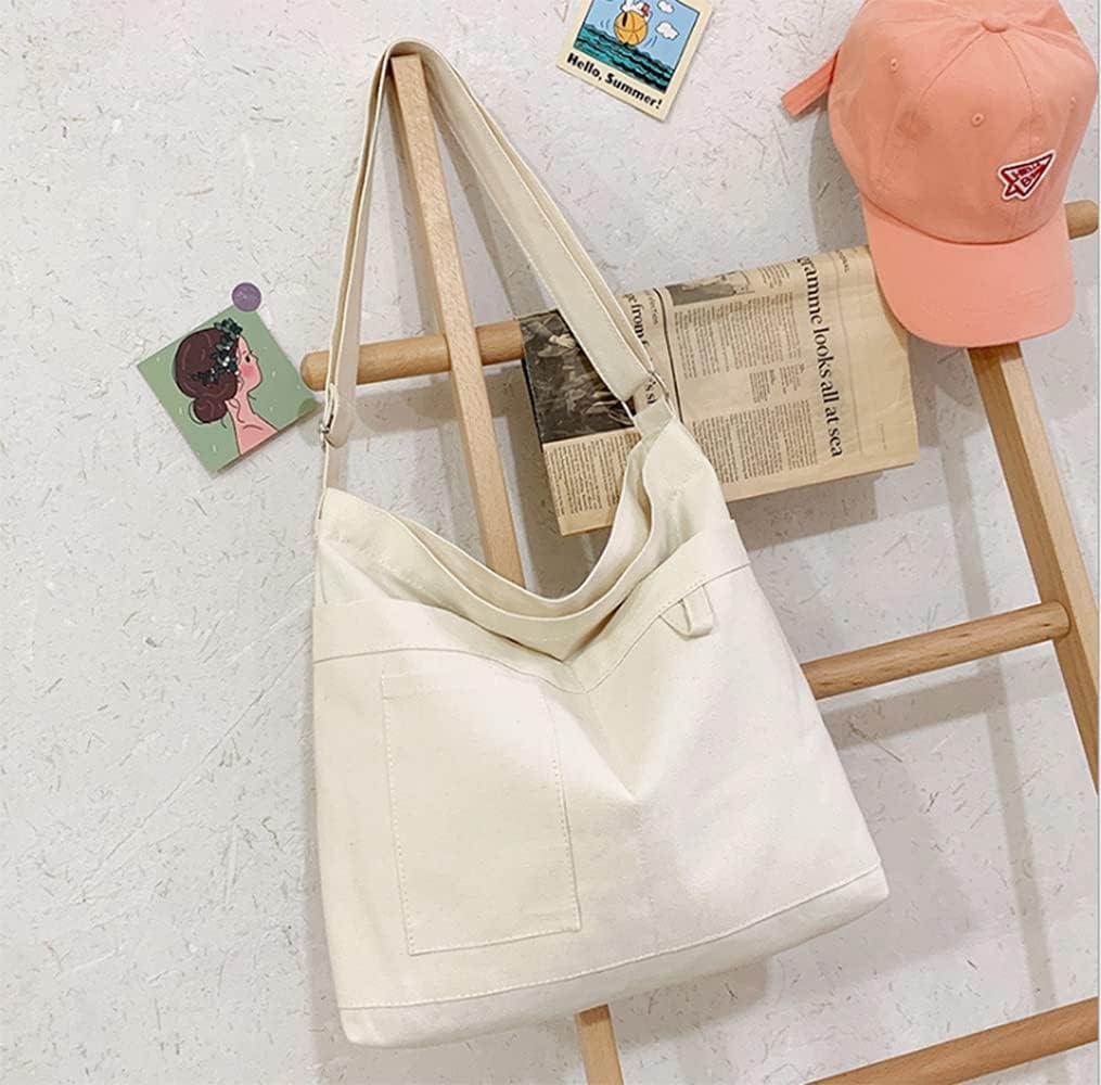 Woventote Cotton Canvas Crossbody Beach Tote Bag with 3 External Pockets Zipper Closure