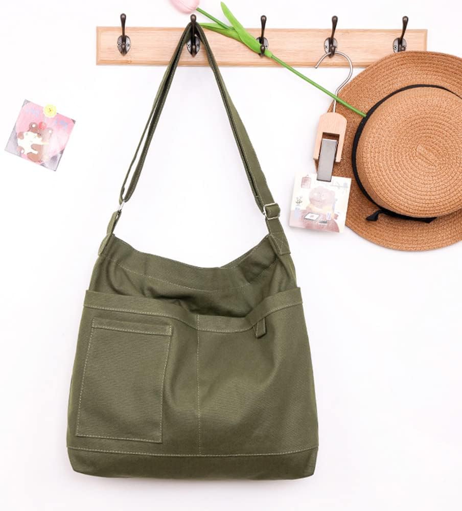 Woventote Cotton Canvas Crossbody Beach Tote Bag with 3 External Pockets Zipper Closure