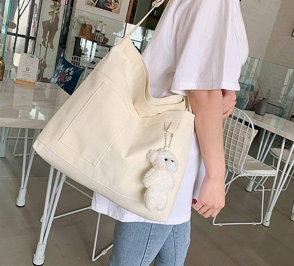 Woventote Cotton Canvas Crossbody Beach Tote Bag with 3 External Pockets Zipper Closure