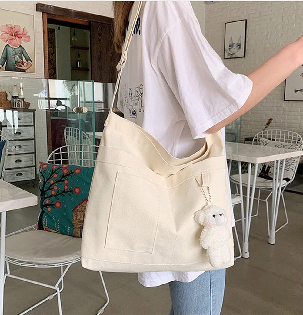 Woventote Cotton Canvas Crossbody Beach Tote Bag with 3 External Pockets Zipper Closure