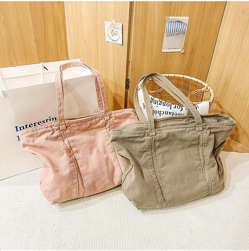 Woventote Cotton Canvas Crossbody Beach Tote Bag with 3 External Pockets Zipper Closure