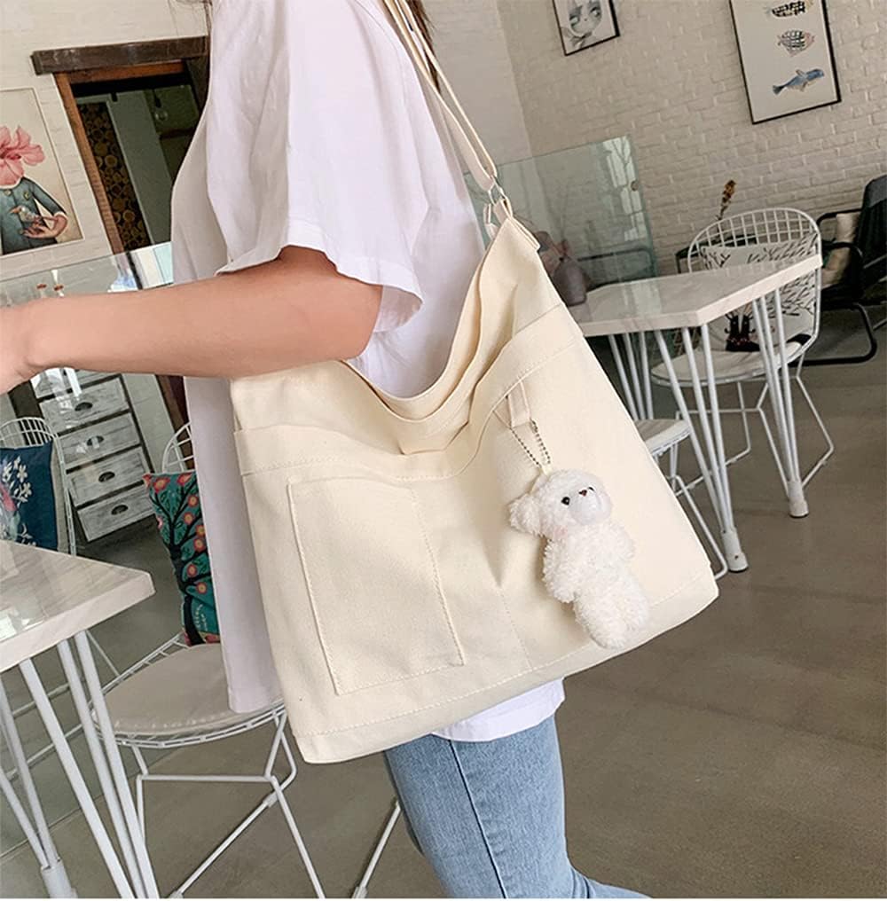 Woventote Cotton Canvas Crossbody Beach Tote Bag with 3 External Pockets Zipper Closure