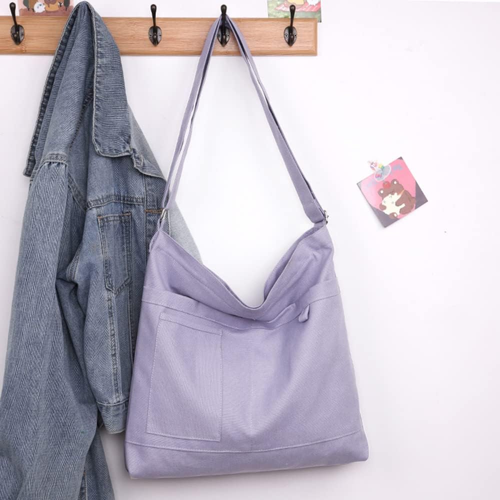 Woventote Cotton Canvas Crossbody Beach Tote Bag with 3 External Pockets Zipper Closure