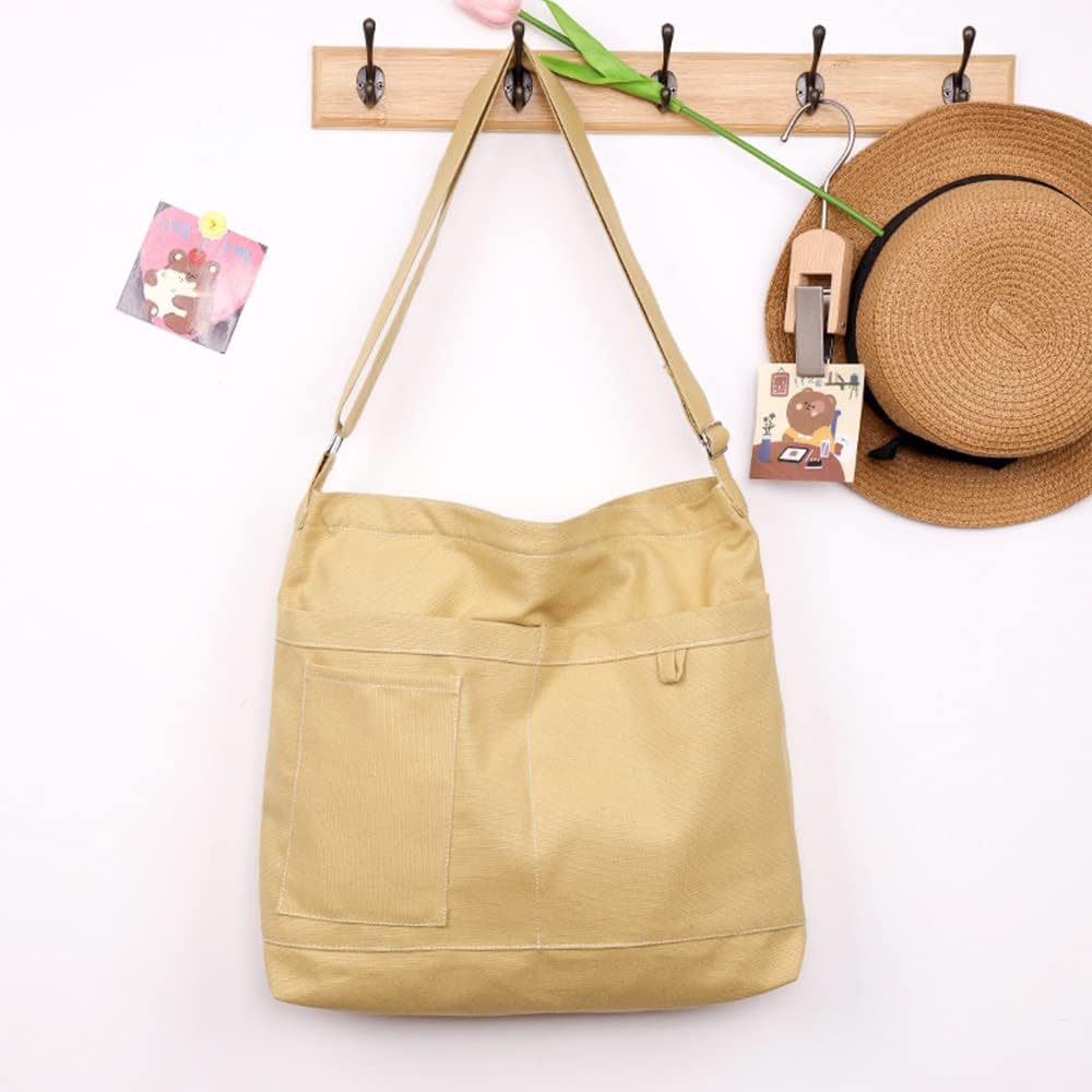 Woventote Cotton Canvas Crossbody Beach Tote Bag with 3 External Pockets Zipper Closure