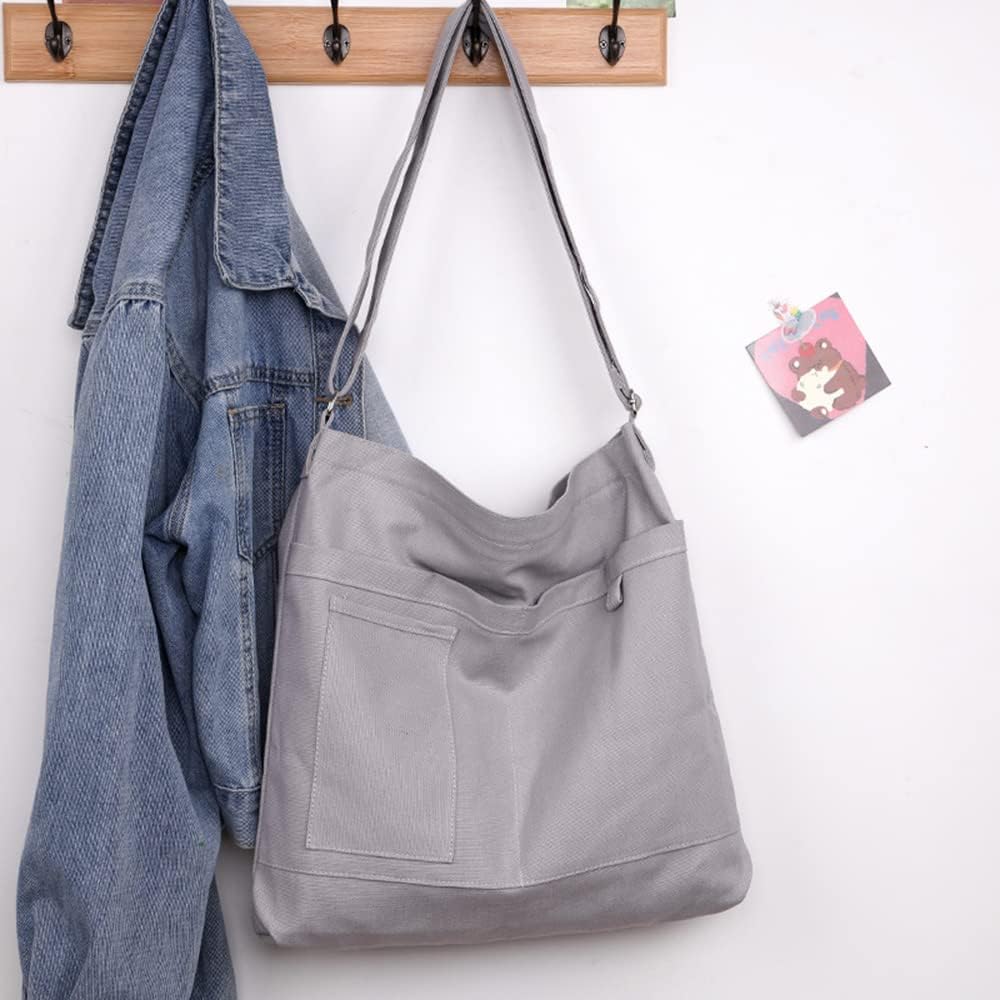 Woventote Cotton Canvas Crossbody Beach Tote Bag with 3 External Pockets Zipper Closure