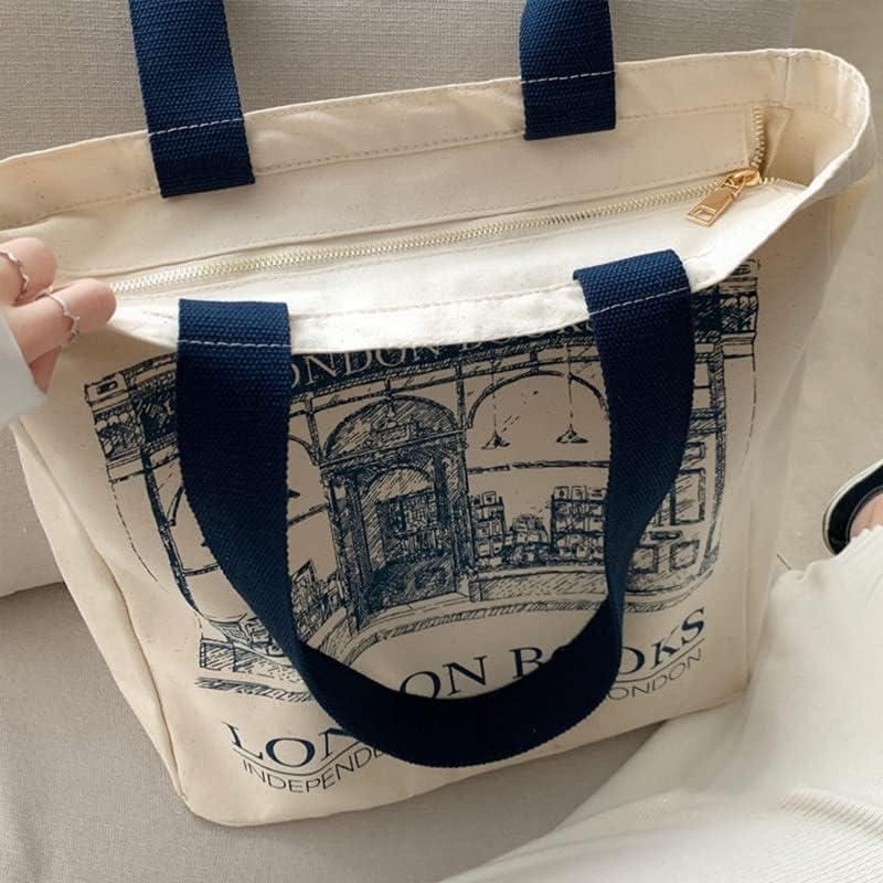 Woventote Zipper Canvas Book Tote Bag Washable Shoulder Bag for Women
