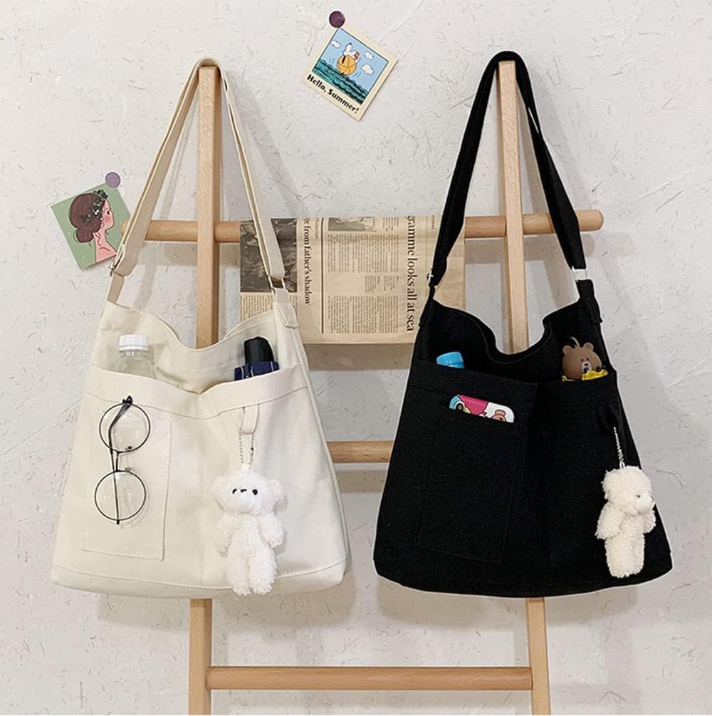 Woventote Cotton Canvas Crossbody Beach Tote Bag with 3 External Pockets Zipper Closure
