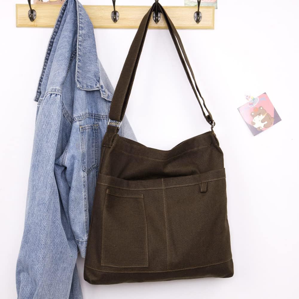 Woventote Cotton Canvas Crossbody Beach Tote Bag with 3 External Pockets Zipper Closure