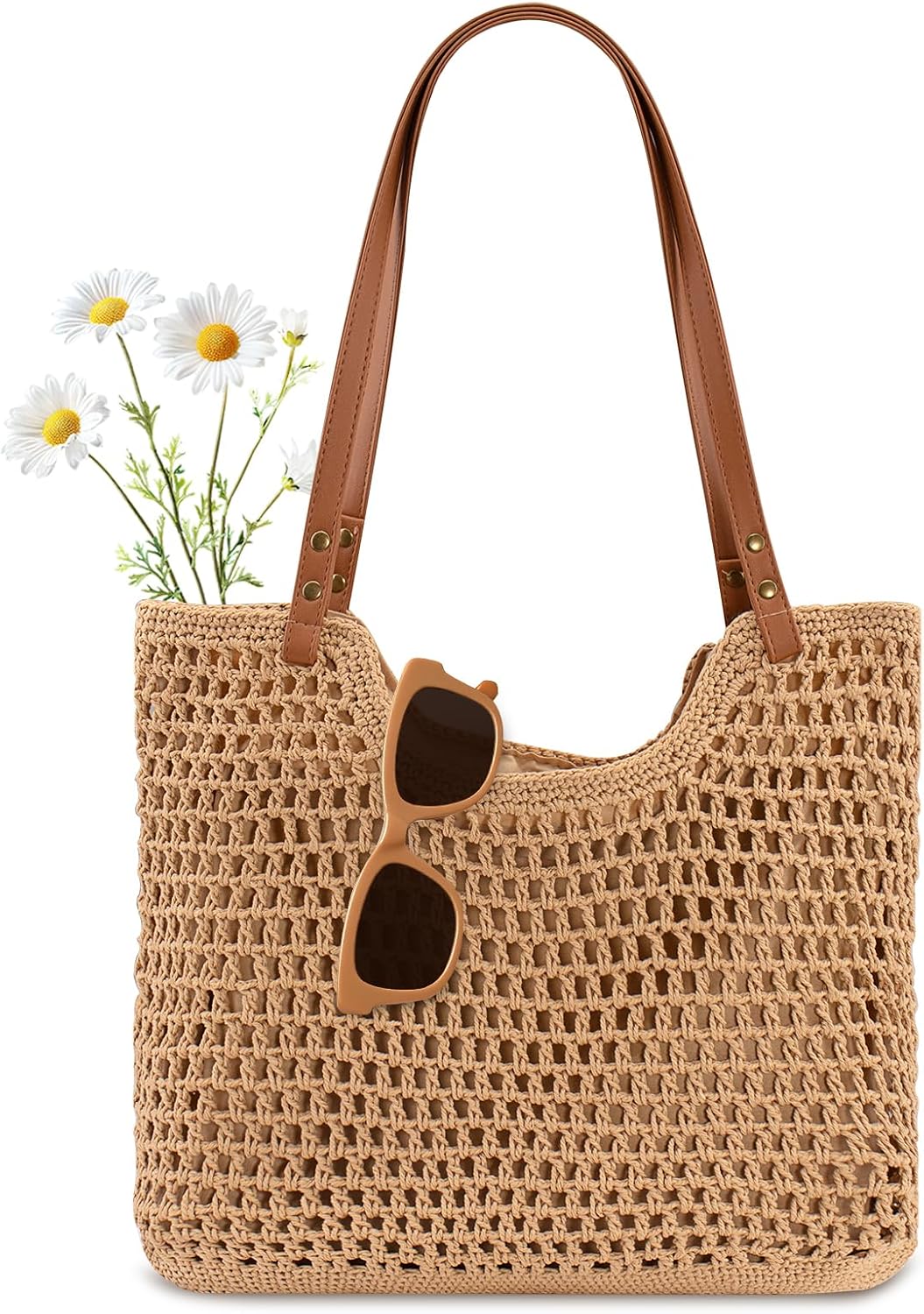 Woventote Crochet Beach Tote Bag with Leak-Proof Lining Summer Travel Shoulder Bag