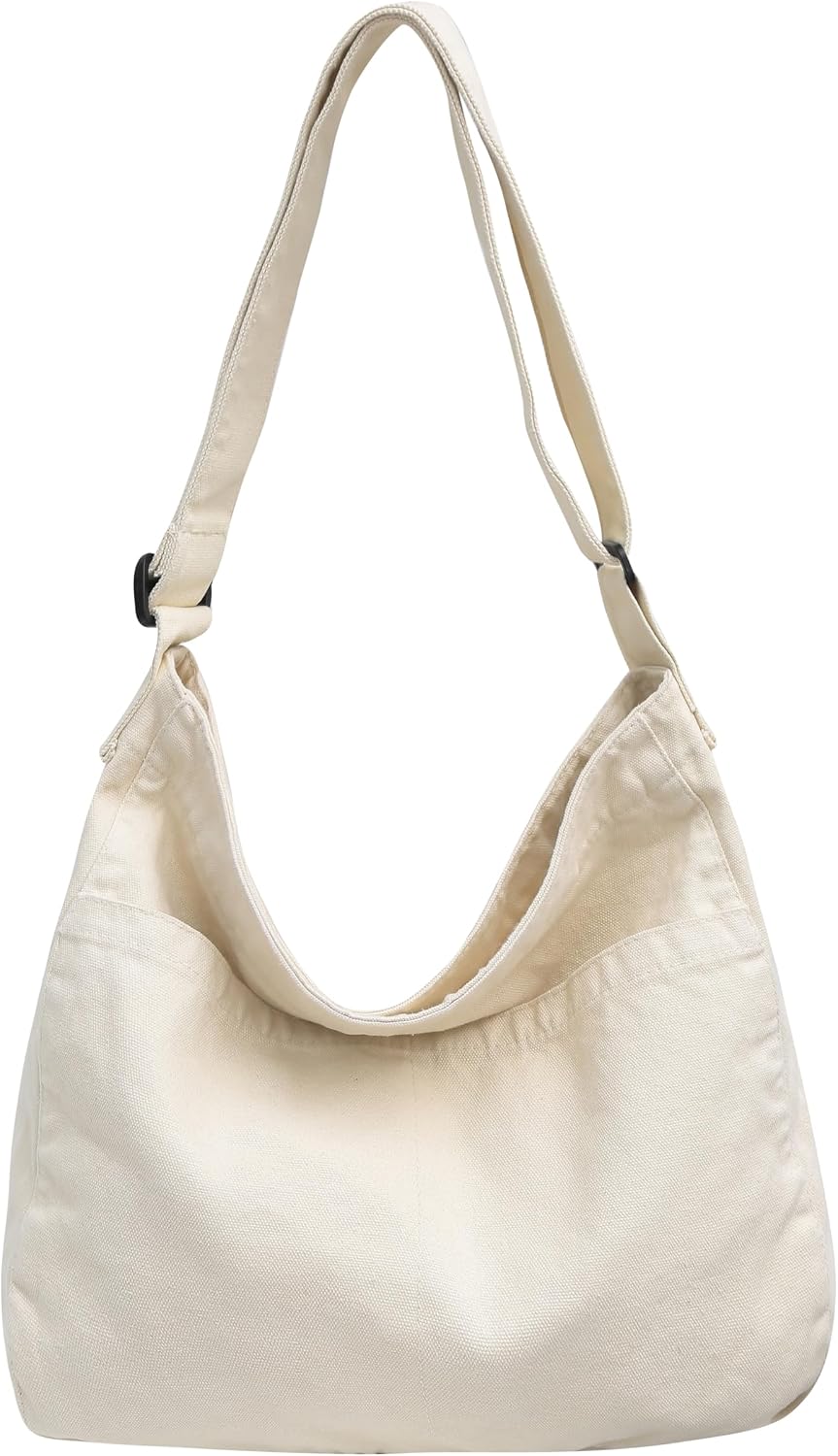 Woventote Cotton Canvas Crossbody Beach Tote Bag with 3 External Pockets Zipper Closure