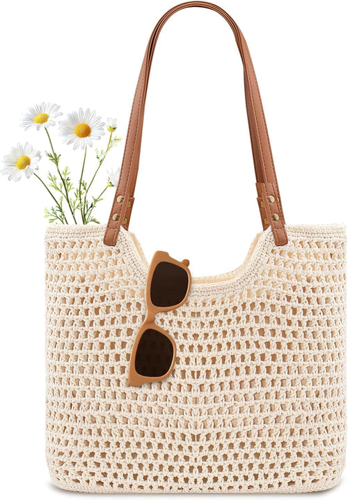 Woventote Crochet Beach Tote Bag with Leak-Proof Lining Summer Travel Shoulder Bag