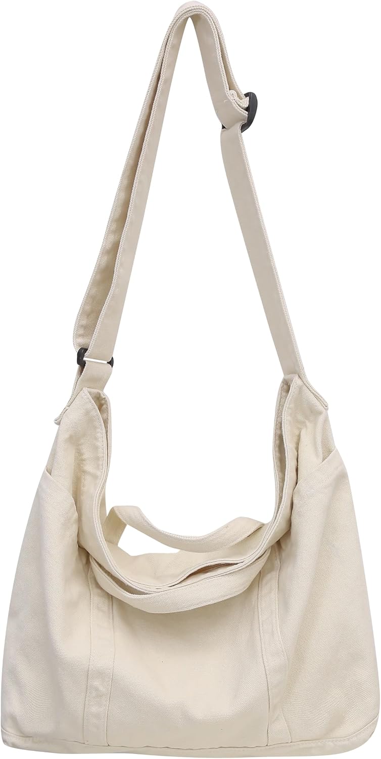 Woventote Cotton Canvas Crossbody Beach Tote Bag with 3 External Pockets Zipper Closure