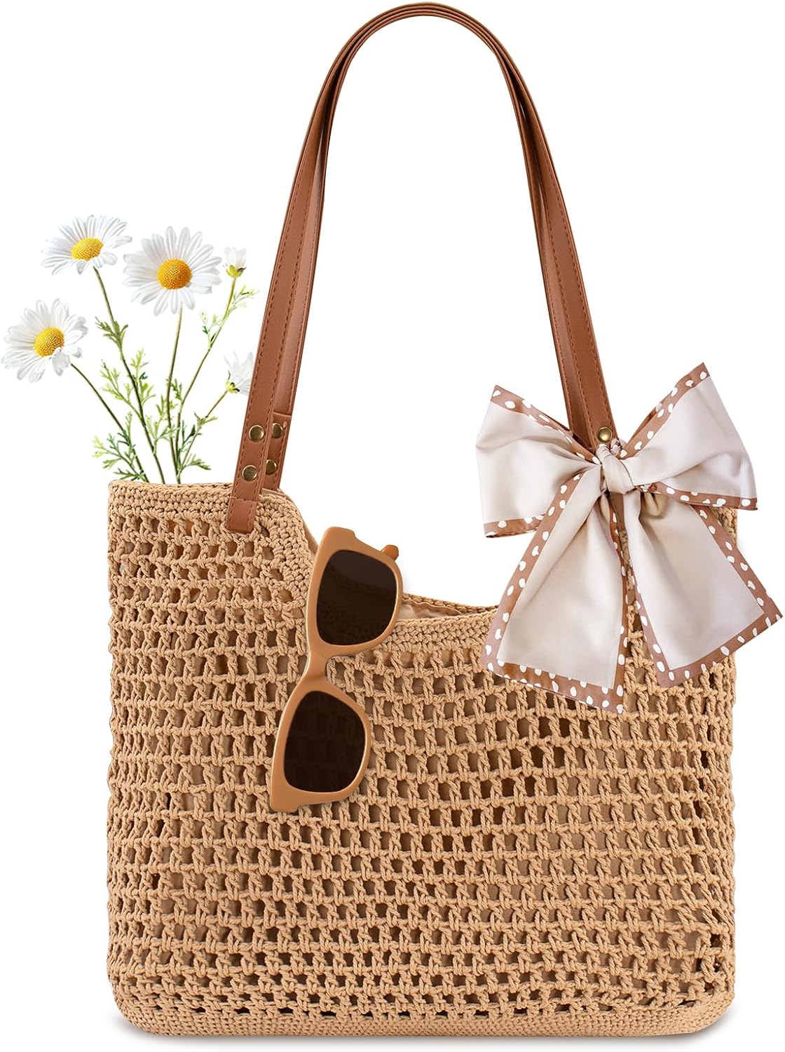 Woventote Crochet Beach Tote Bag with Leak-Proof Lining Summer Travel Shoulder Bag