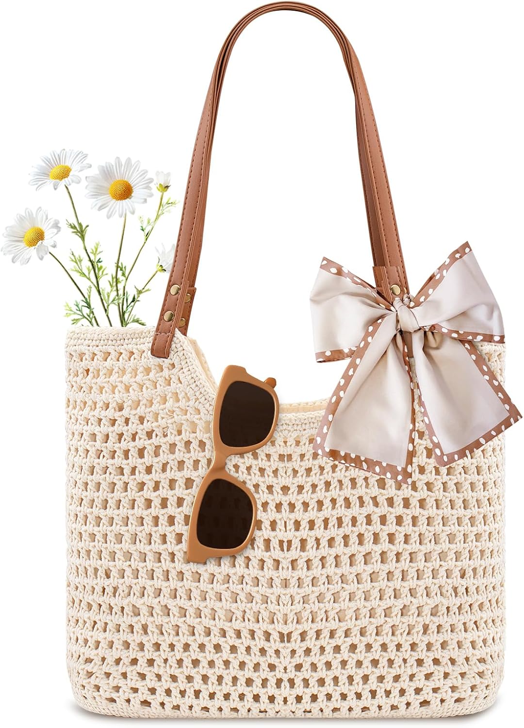 Woventote Crochet Beach Tote Bag with Leak-Proof Lining Summer Travel Shoulder Bag