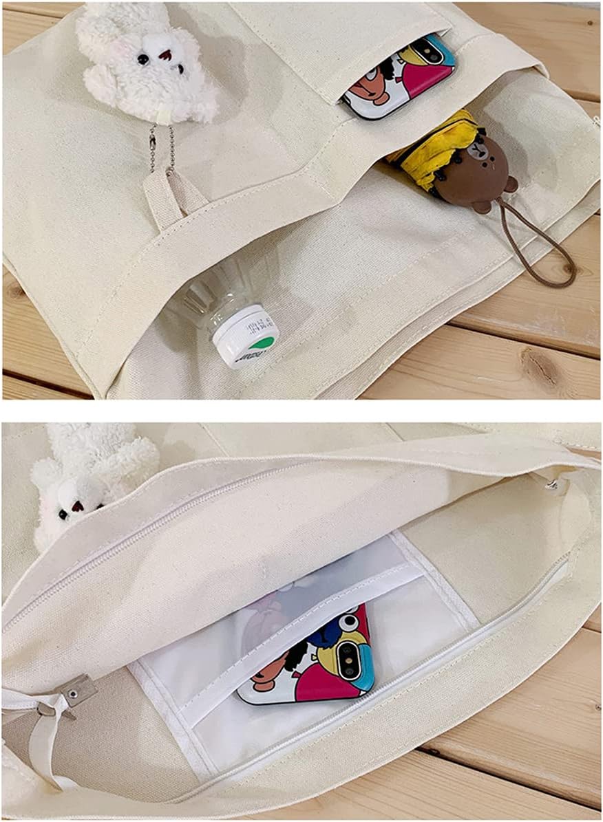 Woventote Cotton Canvas Crossbody Beach Tote Bag with 3 External Pockets Zipper Closure