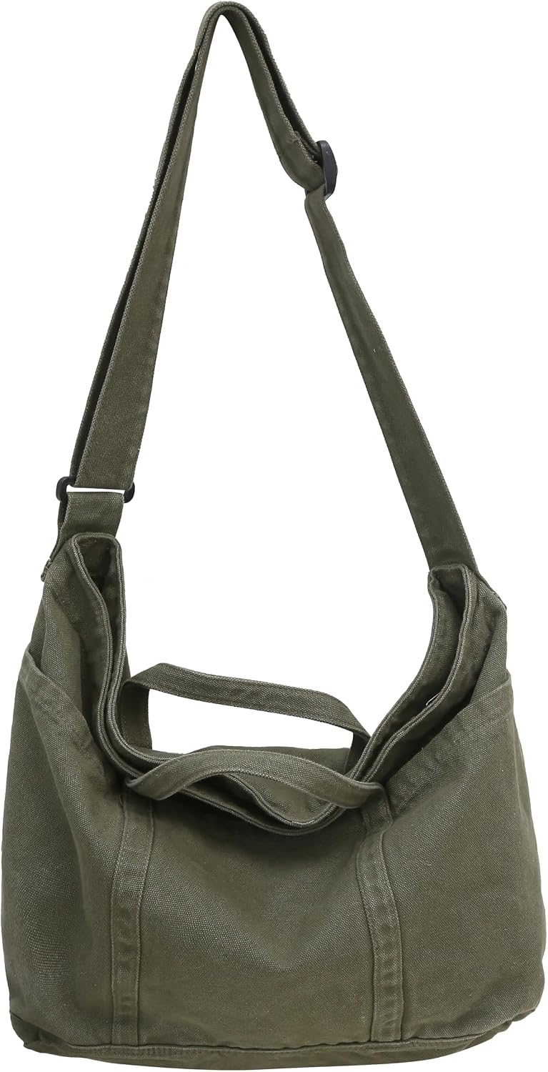 Woventote Cotton Canvas Crossbody Beach Tote Bag with 3 External Pockets Zipper Closure
