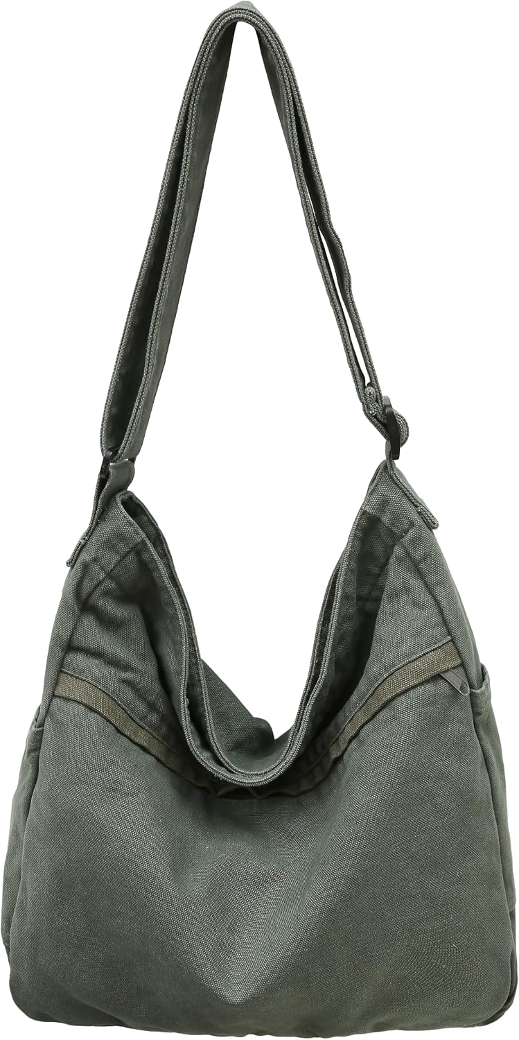 Woventote Cotton Canvas Crossbody Beach Tote Bag with 3 External Pockets Zipper Closure