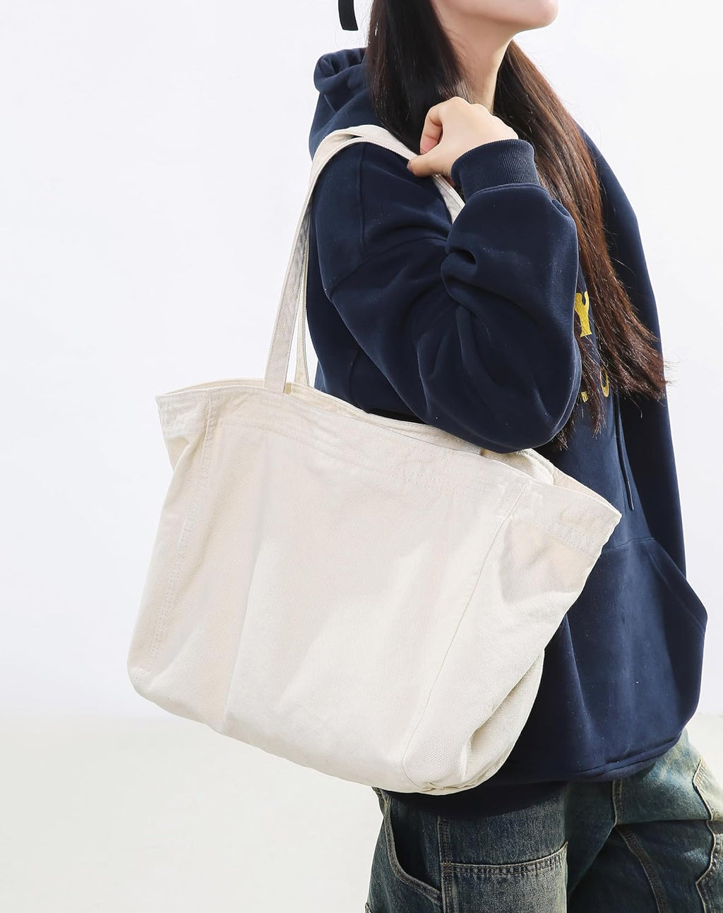 Woventote Cotton Canvas Crossbody Beach Tote Bag with 3 External Pockets Zipper Closure