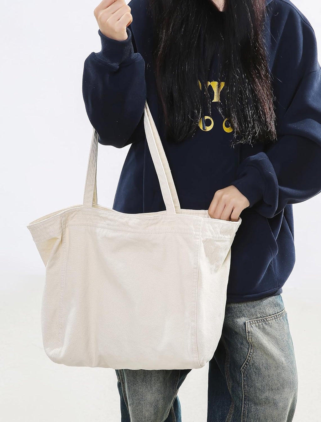 Woventote Cotton Canvas Crossbody Beach Tote Bag with 3 External Pockets Zipper Closure
