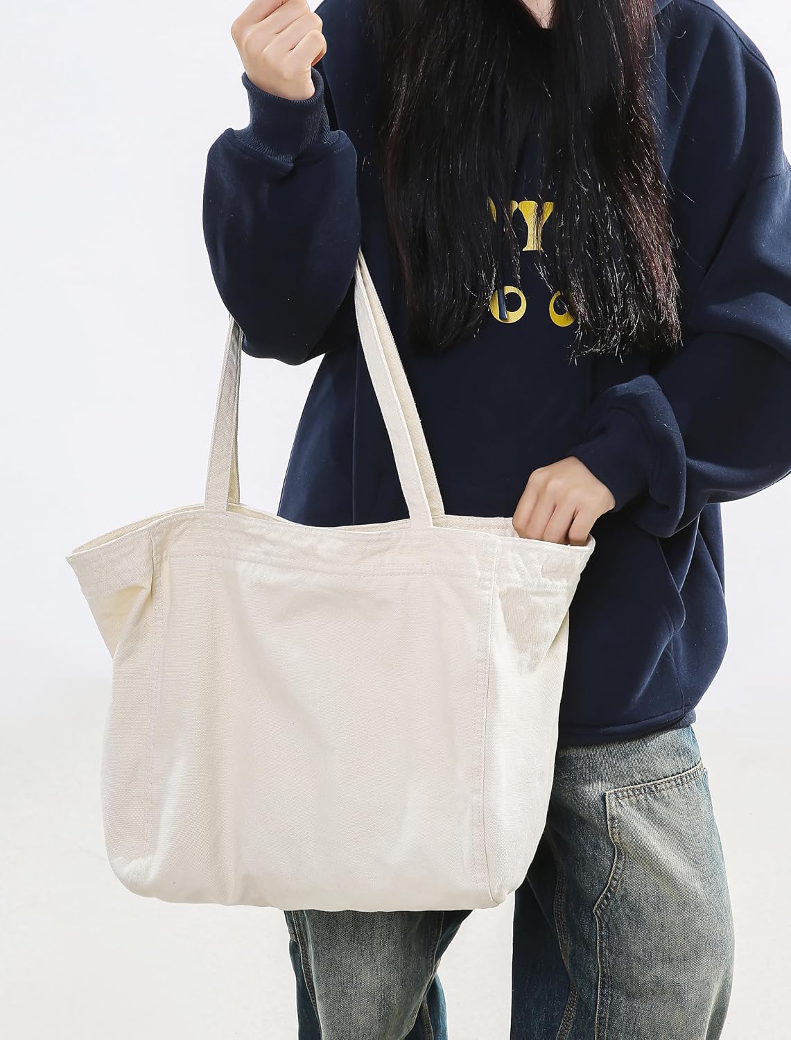 Woventote Cotton Canvas Crossbody Beach Tote Bag with 3 External Pockets Zipper Closure