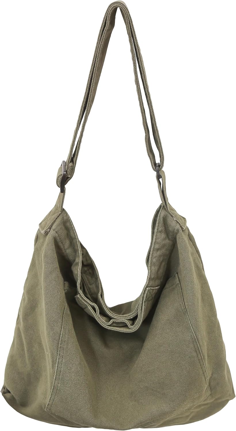 Woventote Cotton Canvas Crossbody Beach Tote Bag with 3 External Pockets Zipper Closure