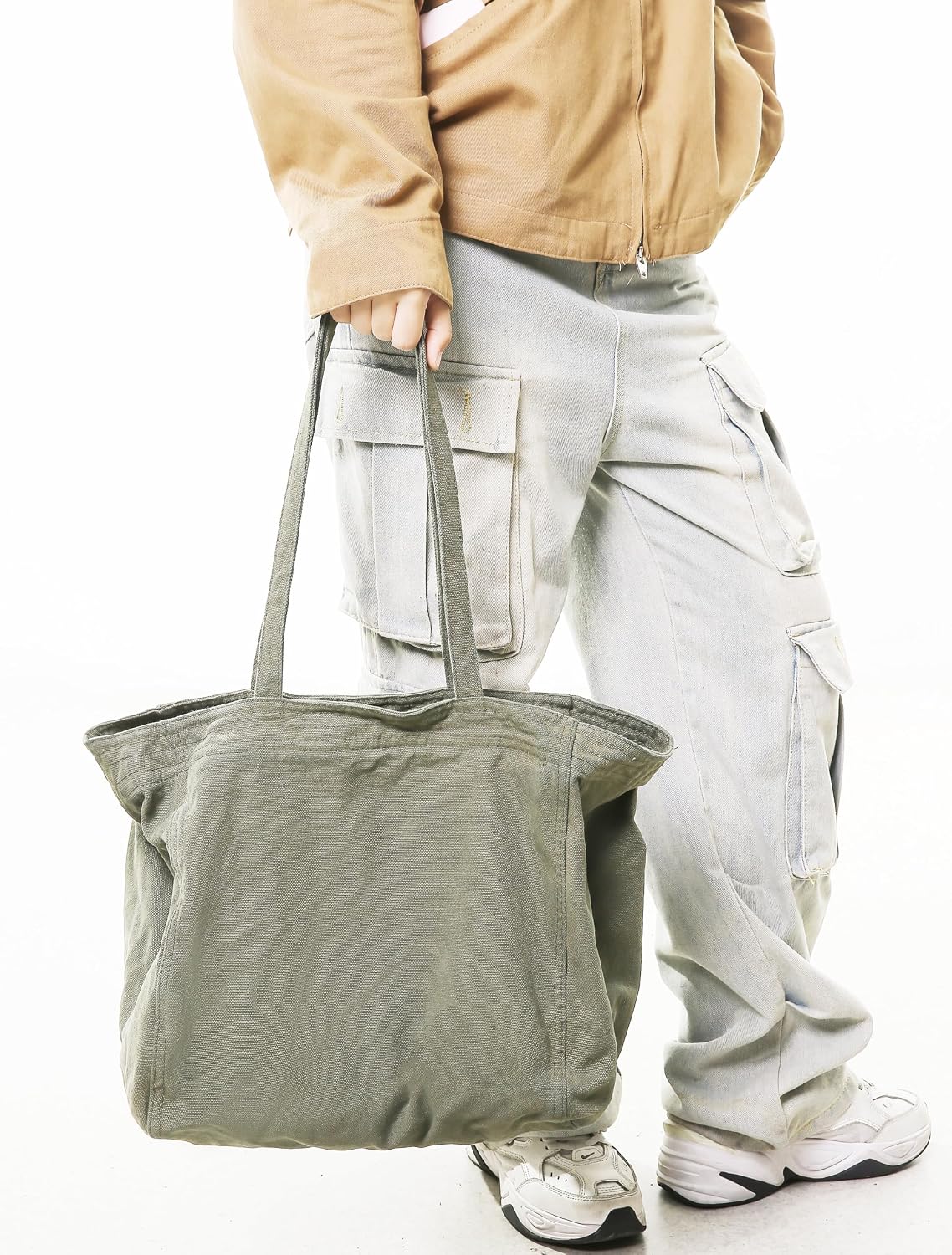 Woventote Cotton Canvas Crossbody Beach Tote Bag with 3 External Pockets Zipper Closure