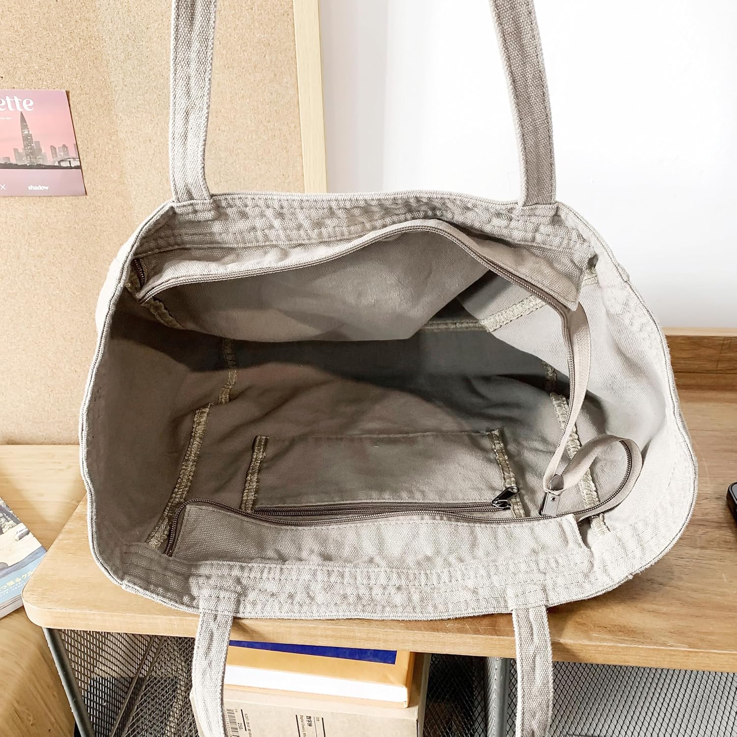 Woventote Cotton Canvas Crossbody Beach Tote Bag with 3 External Pockets Zipper Closure