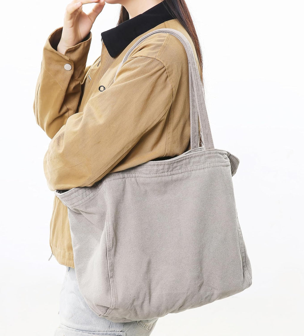 Woventote Cotton Canvas Crossbody Beach Tote Bag with 3 External Pockets Zipper Closure