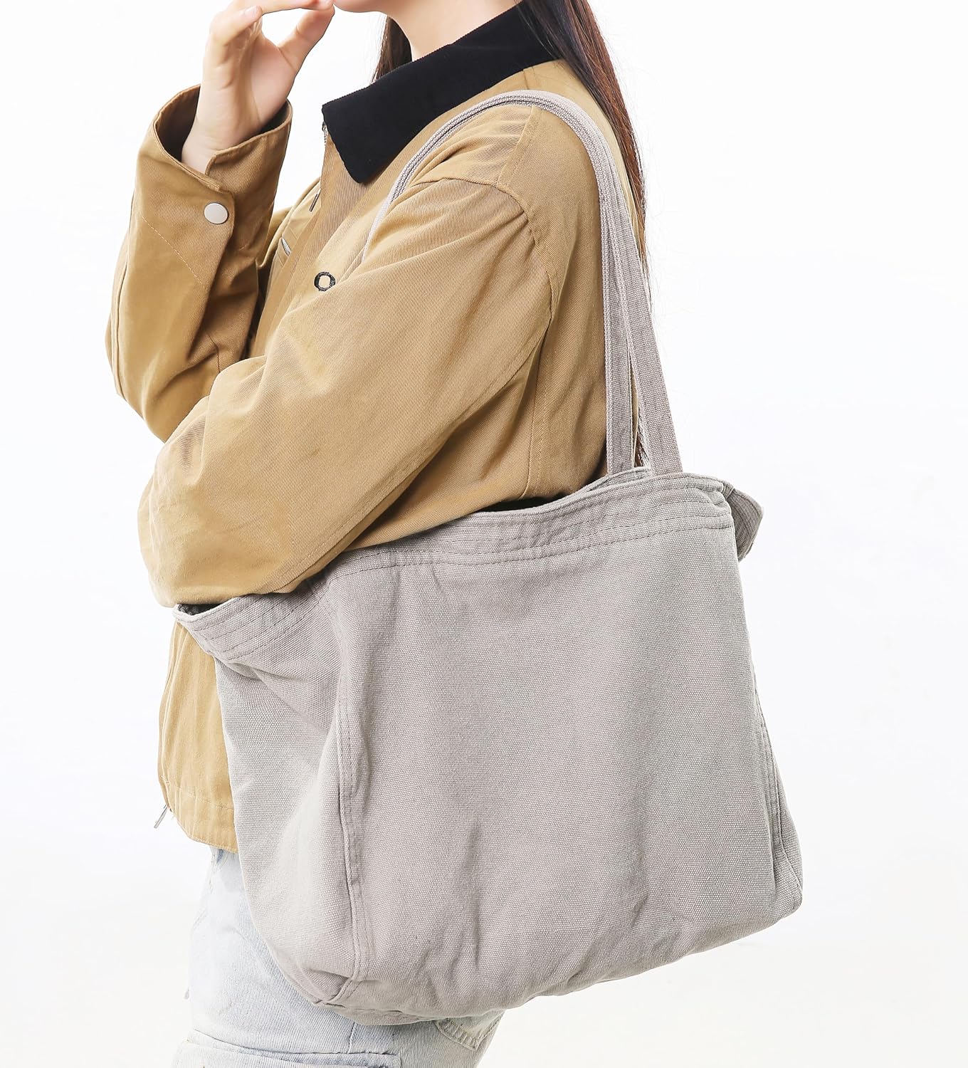 Woventote Cotton Canvas Crossbody Beach Tote Bag with 3 External Pockets Zipper Closure